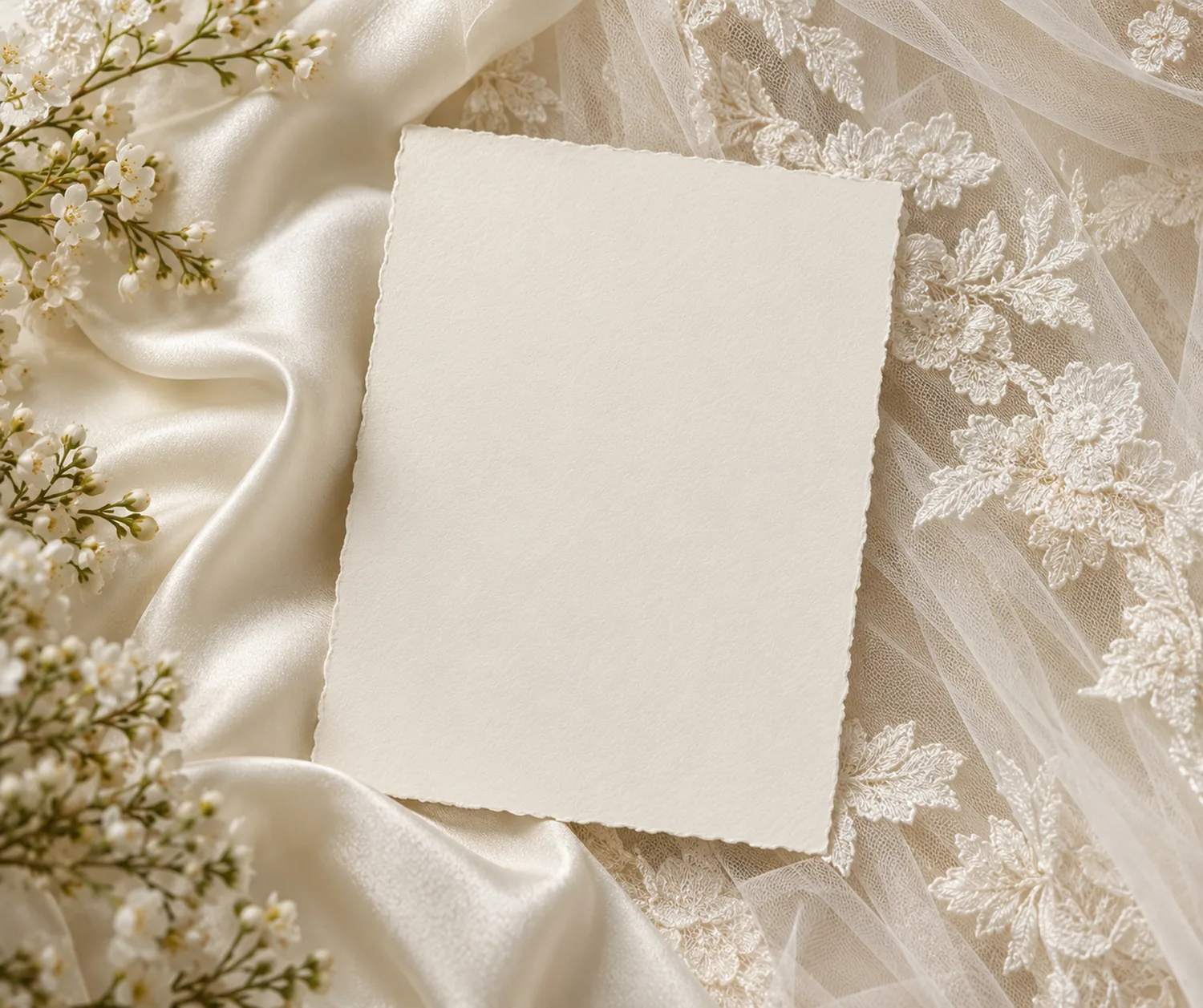 A blank ivory invitation resting on a wedding gown